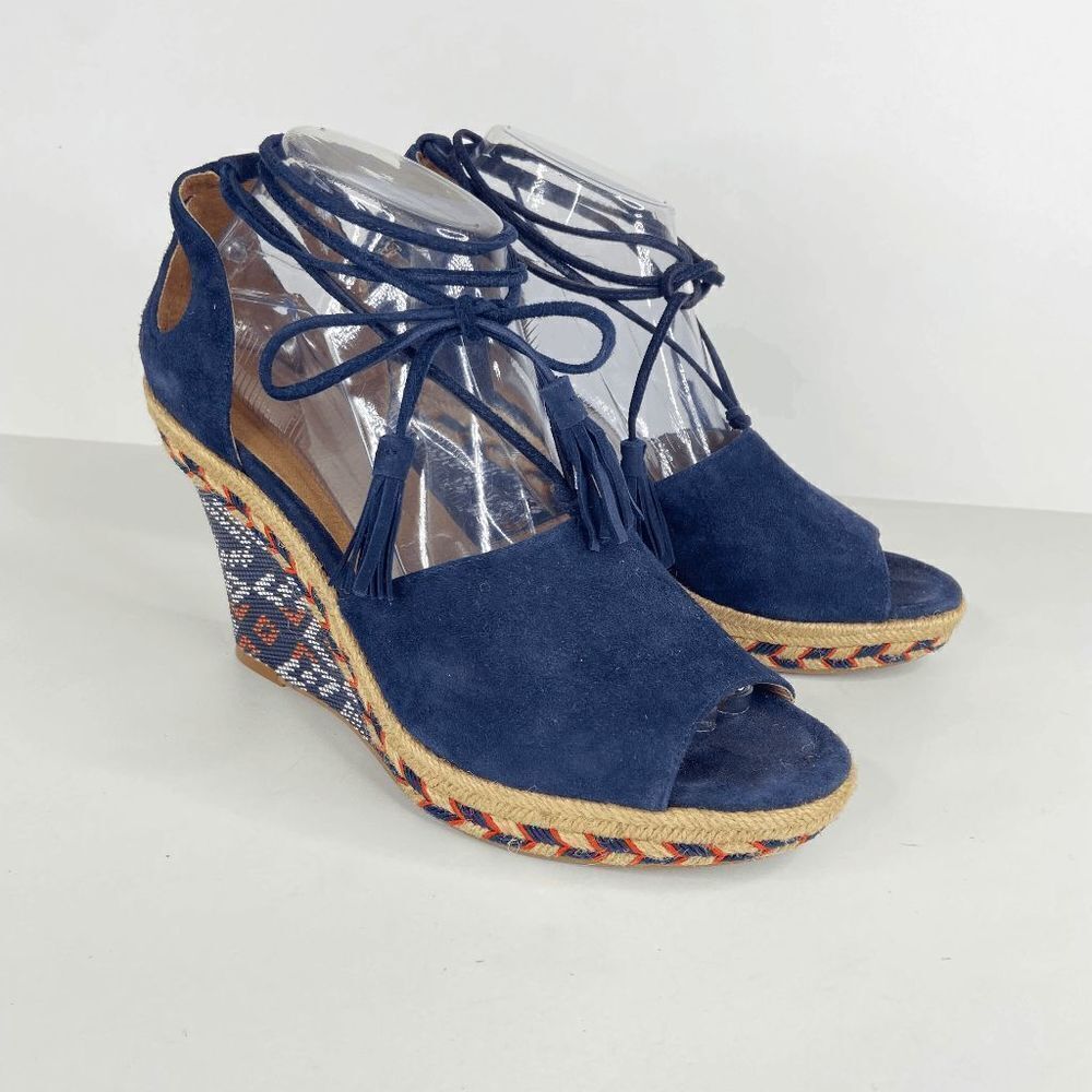 CAbi Isla Espadrille Ankle Wrap Tassel Bohemian Wedge Sandals Navy Blue Size 9